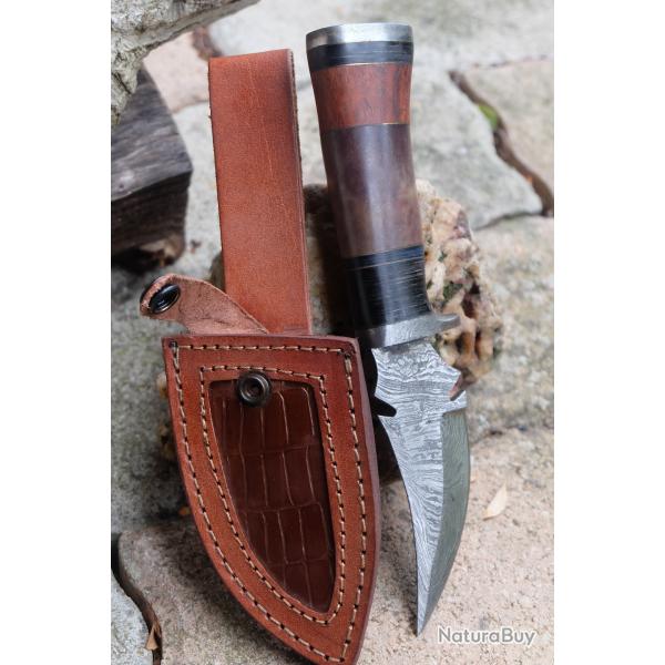 Skinner Couteau Damas Lame 256 Couches Lame Clip Point Manche Os/Bois Fabr Artisanale Etui Cuir