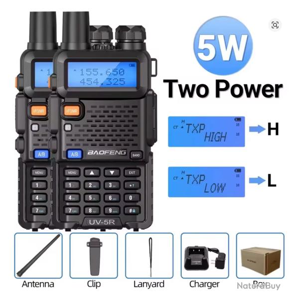 Walkie Talkie Baofeng 5W UHF/VHF Longue Port�e Double Bande Noir, Rechargeable par USB 2 pieces
