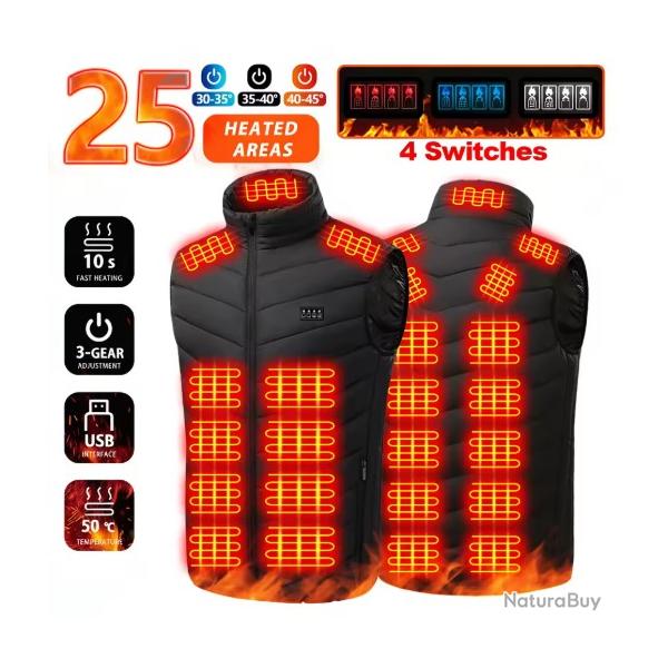 Gilet Chauffant �lectrique 25 Zones USB | 4 R�glages Ind�pendants | Chasse Poste, P�che, Bivouac