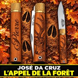 Couteau grav&eacute; Jos&eacute; Da Cruz bois tigre personnalis&eacute; t&ecirc;te de cerf