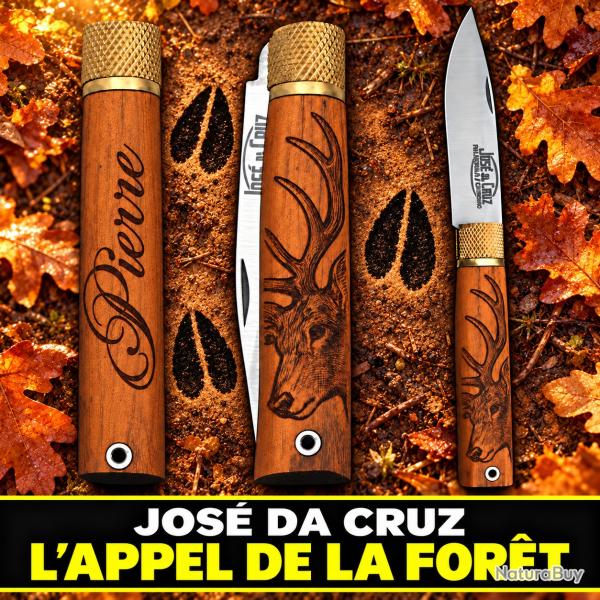 Couteau grav� Jos� Da Cruz bois tigre personnalis� t�te de cerf
