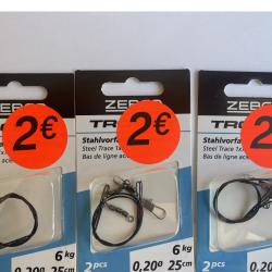 Lot de 3 blisters de 2 bas de lignes acier Zebco 25 cm - Rolling triple + agrafe - Carnassier