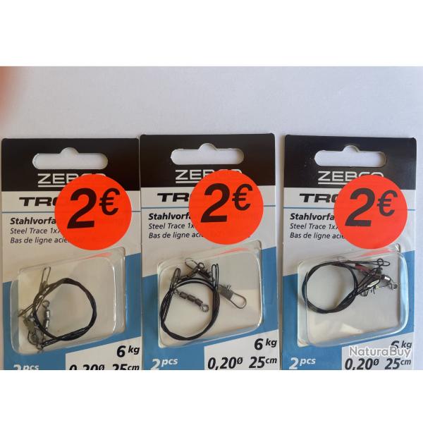 Lot de 3 blisters de 2 bas de lignes acier Zebco 25 cm - Rolling triple + agrafe - Carnassier