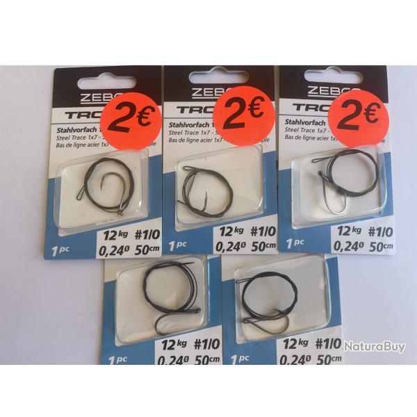 Lot de 5 bas de lignes acier 1x7 - Zebco 2373012 - Hame�on 1/0 - Carnassier
