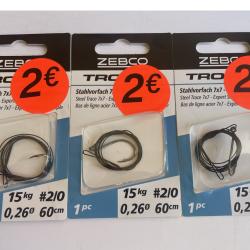 Lot de 3 bas de lignes acier 7x7 - Zebco 2375015 - Hame&ccedil;on 2/0 - Neufs