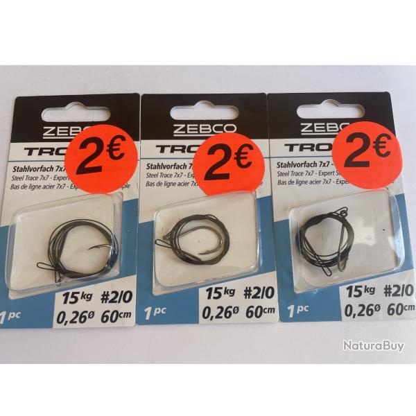 Lot de 3 bas de lignes acier 7x7 - Zebco 2375015 - Hame�on 2/0 - Neufs