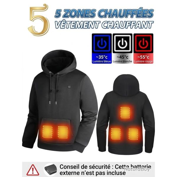 Sweat � Capuche Chauffant �lectrique 5 Zones Chasse & Outdoor | 3 Temp�ratures USB