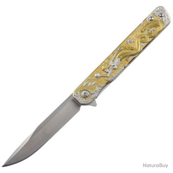 Couteau Pliant S-TEC Mermaid Lame Acier Inox Manche Inox Or et Argent Linerlock STT272846GD