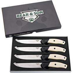 Couteaux de Cuisine Bear & Son Steak Set 4 Lames Acier 14C28N Manche Os/G10 Blanc/Noir Made BCWSB36