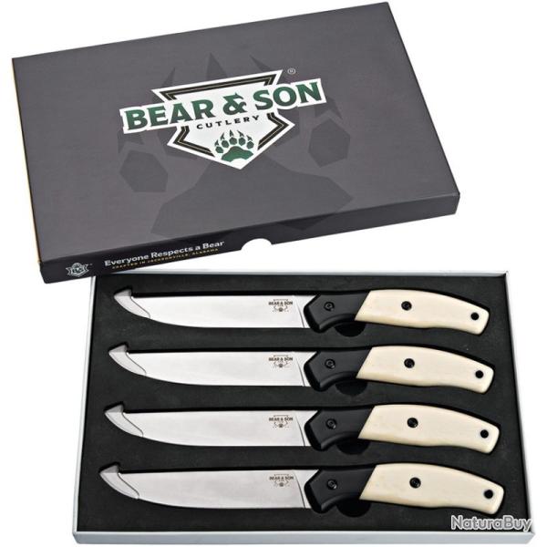 Couteaux de Cuisine Bear & Son Steak Set 4 Lames Acier 14C28N Manche Os/G10 Blanc/Noir Made BCWSB36