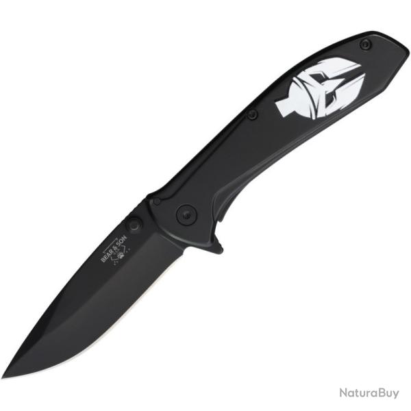 Couteau A/O Bear & Son Spartan Lame Acier 440 Manche Inox Noir Framelock Made In USA BCU112ABKSK