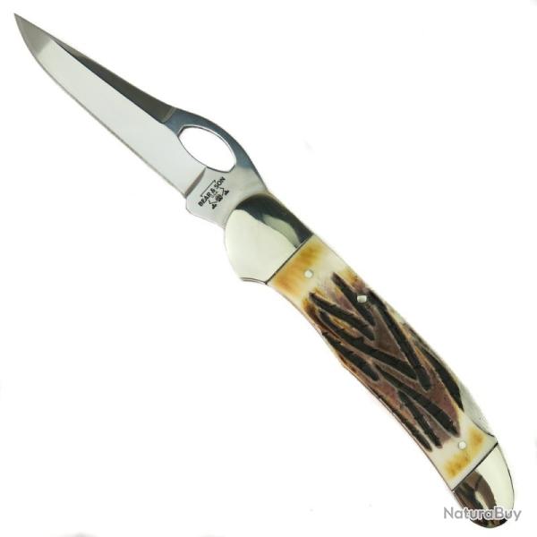 Couteau Bear & Son Cowhand Lame Inox Manche Os Fa�on Cerf Marron Lockback Made In USA BC5150L