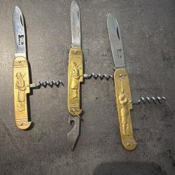 Lot de 3 couteaux pliants COURSOLLE en laiton massif - Fabrication fran&ccedil;aise (Thiers)