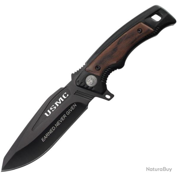 Couteau Fixe USMC Lame Acier 3Cr13 Manche Inox et Bois �tui Nylon USMFIX3011BK