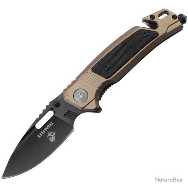 Couteau A/O USMC Rescue Lame Acier 3Cr13 Manche Aluminium Bronze Linerlock USMA3010GN