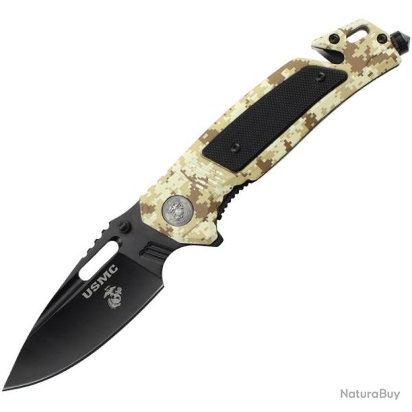 Couteau A/O USMC Rescue Lame Acier 3Cr13 Manche Aluminium Camo Linerlock USMA3010CA