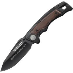 Couteau Pliant USMC Lame Acier 3Cr13 Manche Inox et Bois Linerlock USM3011BK