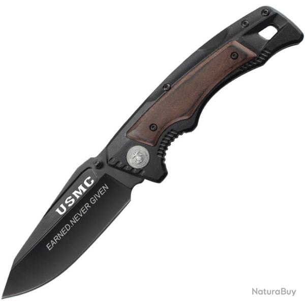 Couteau Pliant USMC Lame Acier 3Cr13 Manche Inox et Bois Linerlock USM3011BK