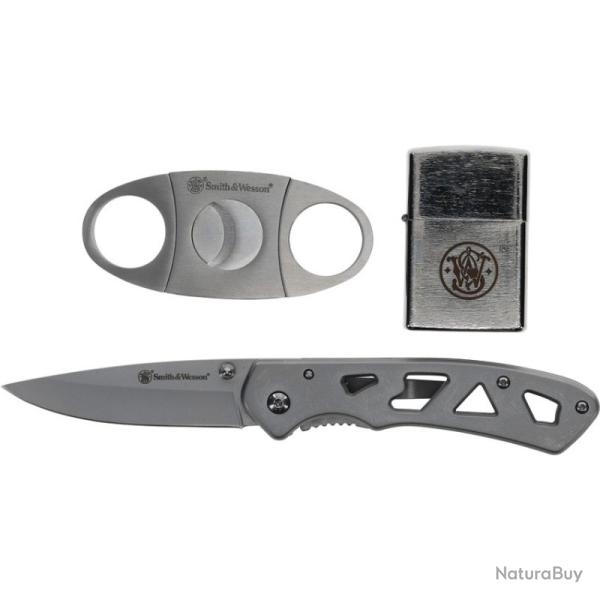 Couteau Smith & Wesson Cigar Combo Lame Acier Inox Manche Inox Argent Framelock SWP1227074