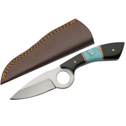 Couteau Rite Edge Showdown Lame Acier Inox Manche Corne/R&eacute;sine Noir-Turquoise &Eacute;tui Cuir PA203510HN