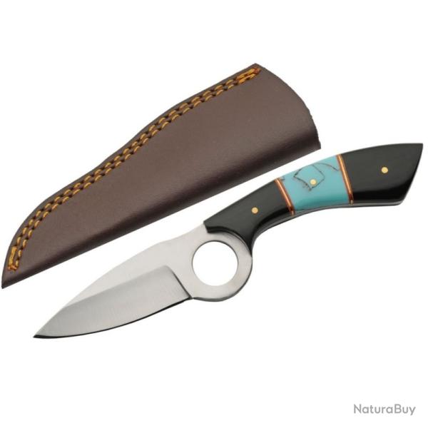 Couteau Rite Edge Showdown Lame Acier Inox Manche Corne/R�sine Noir-Turquoise �tui Cuir PA203510HN