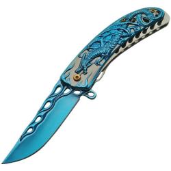 Couteau A/O Rite Edge Dragon Lame Acier Inox Manche Inox Bleu/Argent&eacute; Linerlock CN300400BL