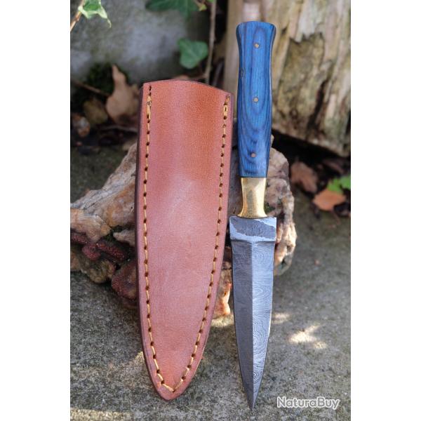 Couteau Dague Scottish Dirk Lame Acier Damas 256 Couches Manche Bois Atlantide Etui Cuir Artisanat