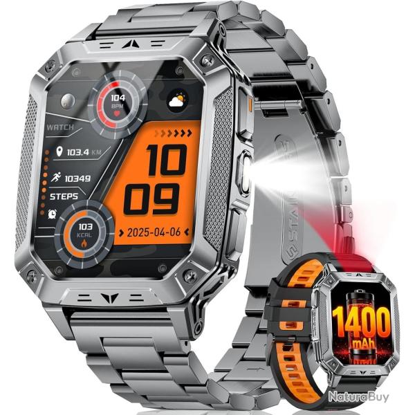 Montre Connect�e Homme, 2.01'' Smartwatch avec LED Lampe, 100+ Modes Sportifs, �tanch�it� IP68, Appe