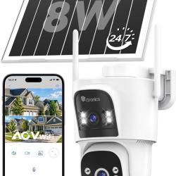 Camera Surveillance Solaire AOV Double Objectif,WiFi Ext&eacute;rieure 3MP+3MP Enregistrement 24/7, 8W & 15