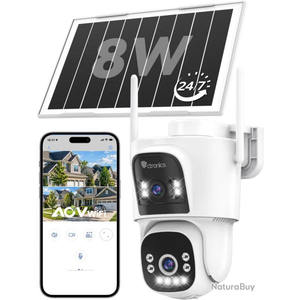 Camera Surveillance Solaire AOV Double Objectif,WiFi Ext�rieure 3MP+3MP Enregistrement 24/7, 8W & 15