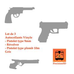 Lot de 3 Autocollants Vinyle Pistolet type 9mm, R&eacute;volver et Pistolet type plomb 10m Gris