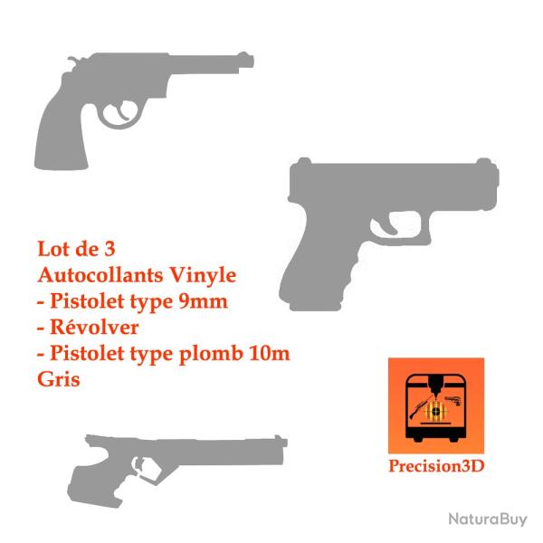 Lot de 3 Autocollants Vinyle Pistolet type 9mm, R�volver et Pistolet type plomb 10m Gris