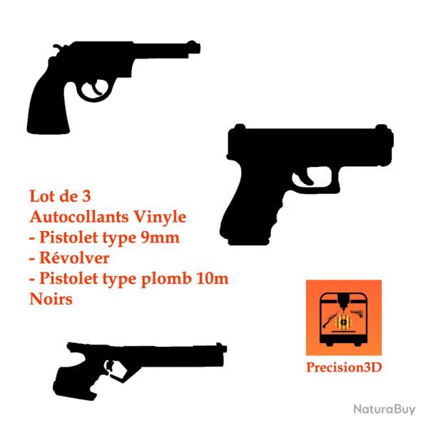 Lot de 3 Autocollants Vinyle Pistolet type 9mm, R�volver et Pistolet type plomb 10m Noirs
