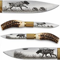 Couteau grav&eacute; Jos&eacute; Da Cruz bois cerf chien li&egrave;vre niglo