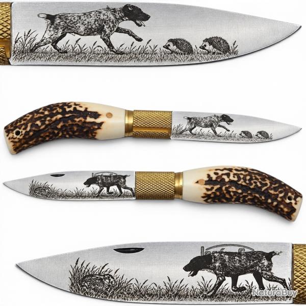 Couteau grav� Jos� Da Cruz bois cerf chien li�vre niglo