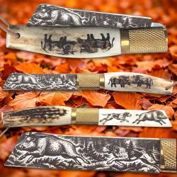 Couteau Jos&eacute; da Cruz greffoir cerf personnalis&eacute; chien & sanglier