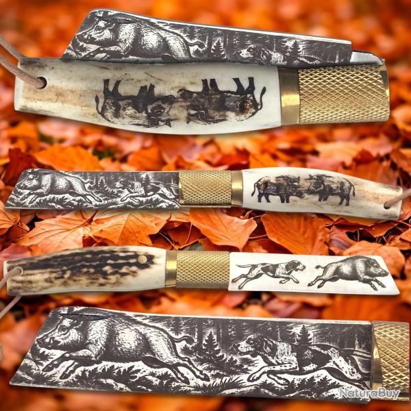 Couteau Jos� da Cruz greffoir cerf personnalis� chien & sanglier