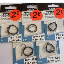 Lot de 5 bas de lignes acier 7x7 - Zebco 2375015 - Hame&ccedil;on 2/0 - Carnassier