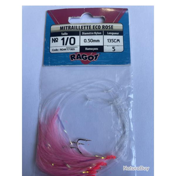 Ragot Mitraillette ECO Rose 1/0 - 5 hame�ons - 0,50 mm - 135 cm - Neuf