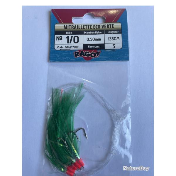 Ragot Mitraillette ECO Verte 1/0 - 5 hame�ons - 0,50 mm - 135 cm - Neuf