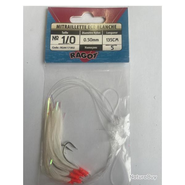 Ragot Mitraillette ECO Blanche - 5 hame�ons 1/0 - 0,50 mm - 135 cm - Neuf RG4417002