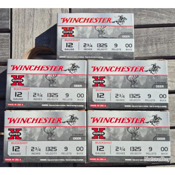 Lot de 5 boites de 5 cartouches de Chevrotines Winchester Super X 12/70 Buckshot 00 9 grains