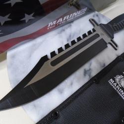 Couteau Fixe USMC Bowie Lame Acier 3Cr13MoV Manche Nylon Noir &Eacute;tui Nylon USMFIX3008BK