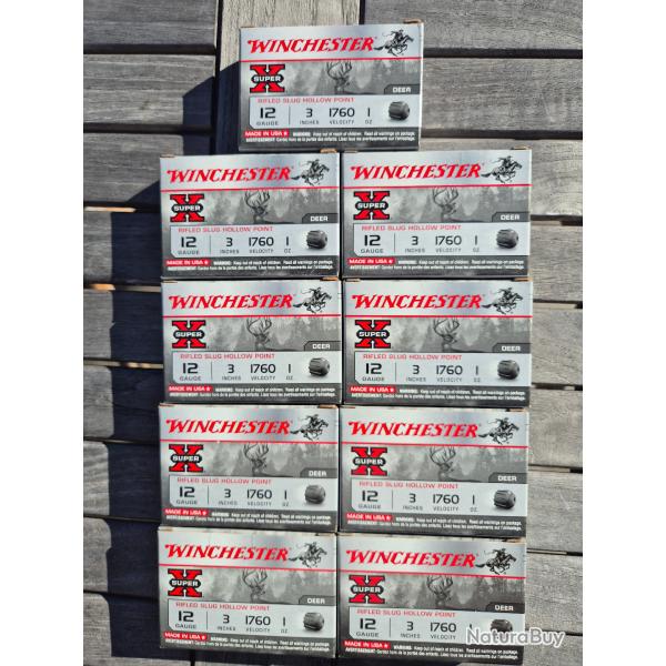 Lot de 9 boites de 5 cartouches � balle Winchester Super X Hollow Point Slug 12/76