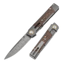 Couteau Kansept Kitpu Lame Acier Damas Manche Titane Carbone Cuivre Frame Lock K2123A5