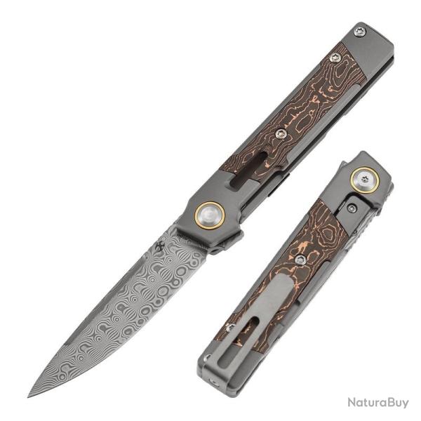 Couteau Kansept Kitpu Lame Acier Damas Manche Titane Carbone Cuivre Frame Lock K2123A5