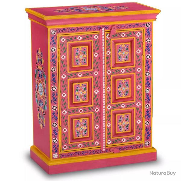 Buffet bahut armoire console meuble de rangement bois massif de manguier peinture rose � la main 44