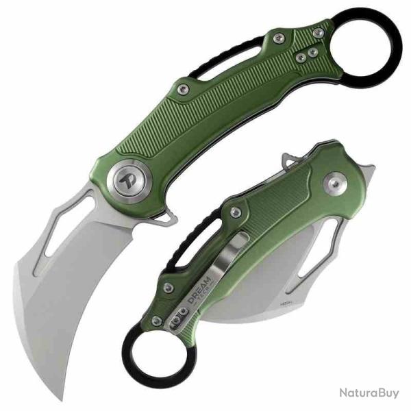Couteau Karambit Dreamtech Green Lame Acier 14C28N Manche Aluminium Vert Button Lock DTK4221AGR