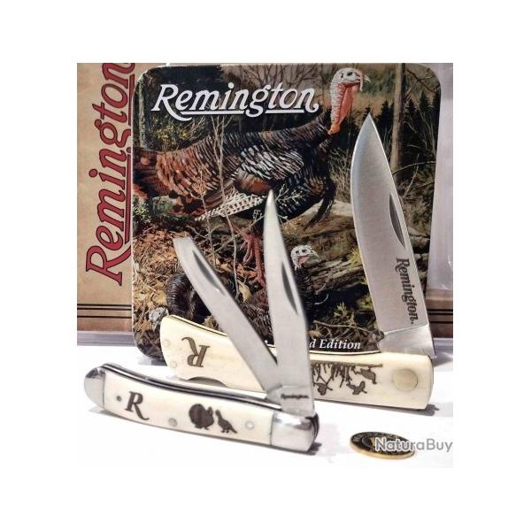 Set 2 Couteaux Remington Turkey Boite Collector Cadeau Lames Acier Inoxydable Manches Os R15687