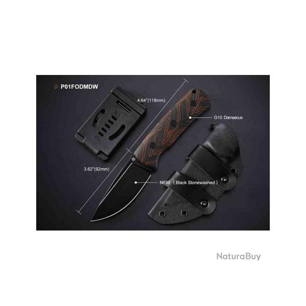 Couteau Petrified Fish Beluga Orange/Black Gmascus Lame Acier N690 Etui Kydex Teck Lock PFKP01FODMDW